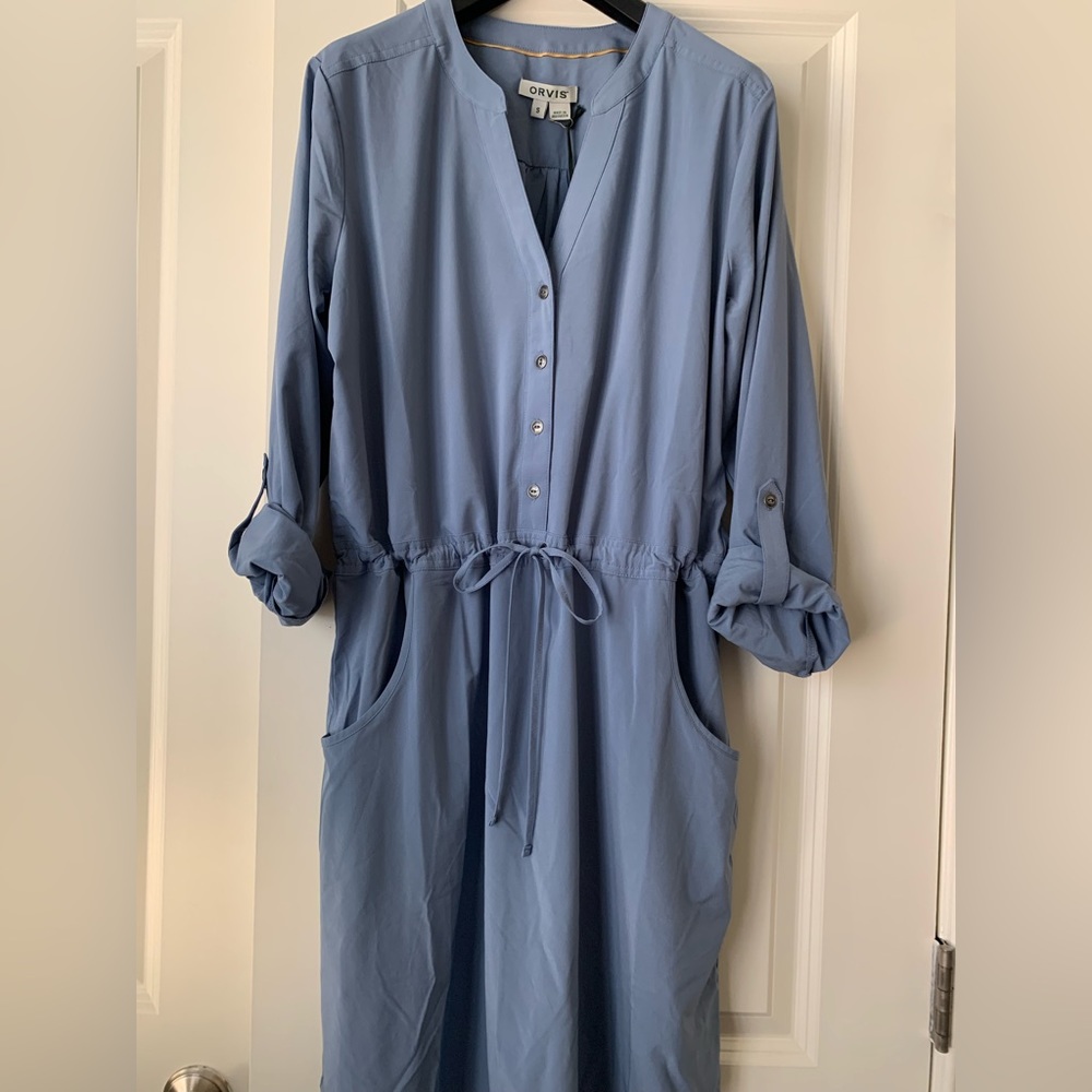 Orvis NWT slate blue Pack & Go Roll Sleeve Shirt Dress POCKETS size Small